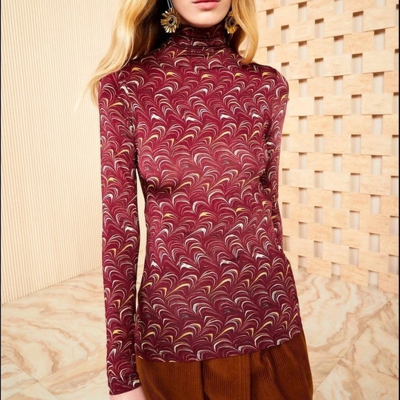 Ulla Johnson Tops - Ulla Johnson- Red Printed Longsleeve Stretch Aurelia Turtleneck Top